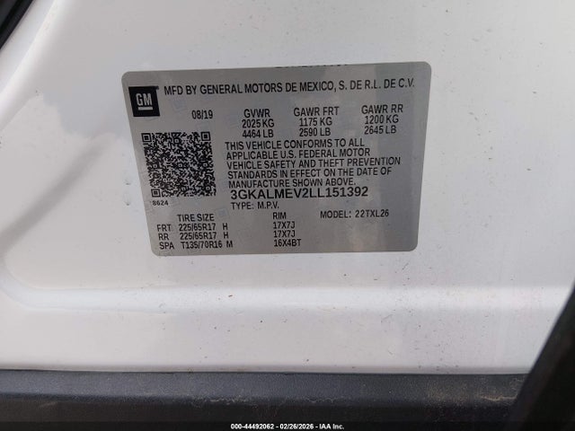 44492062 :رقم المزاد ، 3GKALMEV2LL151392 vin ، 2020 Gmc Terrain Fwd Sle مزاد بيع