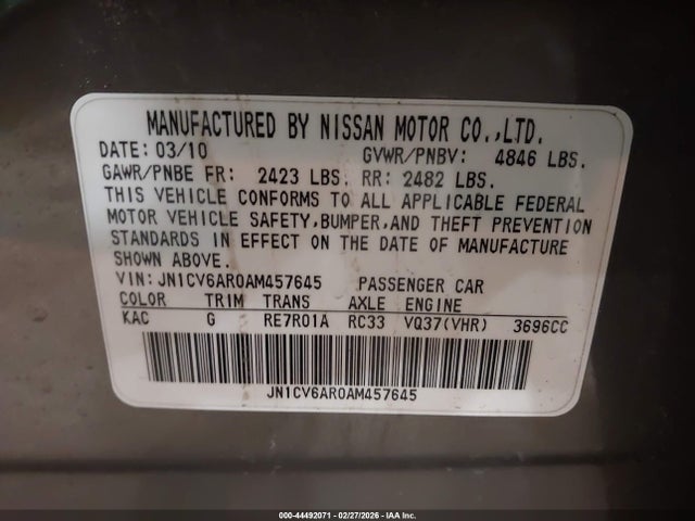 Продажа на аукционе авто 2010 Infiniti G37x, vin: JN1CV6AR0AM457645, номер лота: 44492071