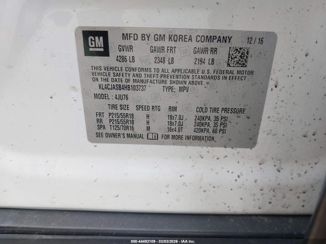 2017 Buick Encore Preferred მანქანა იყიდება აუქციონზე, vin: KL4CJASB4HB103737, აუქციონის ნომერი: 44492109