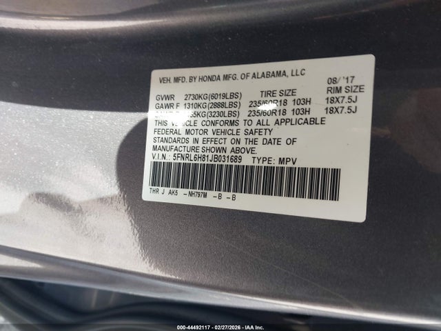 5FNRL6H81JB031689 Honda Odyssey Touring