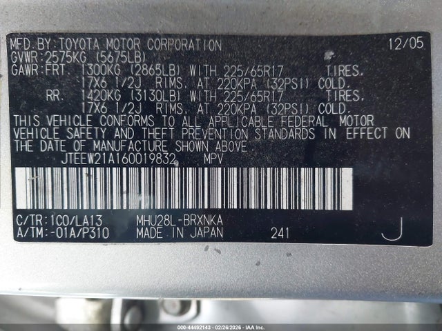 2006 Toyota Highlander Hybrid Ltd მანქანა იყიდება აუქციონზე, vin: JTEEW21A160019832, აუქციონის ნომერი: 44492143