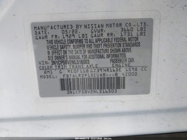 Продажа на аукционе авто 2022 Nissan Kicks S Xtronic Cvt, vin: 3N1CP5BV2NL516503, номер лота: 44492179