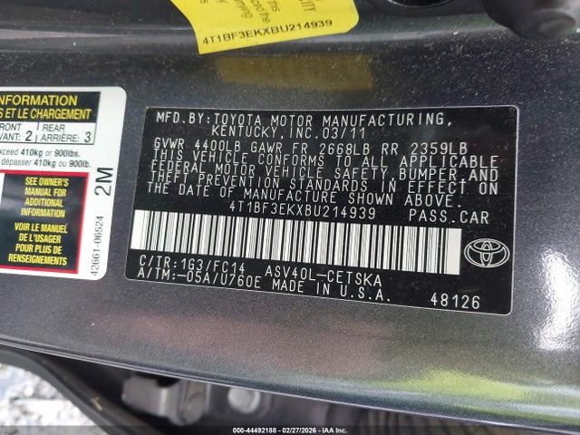 2011 Toyota Camry Se მანქანა იყიდება აუქციონზე, vin: 4T1BF3EKXBU214939, აუქციონის ნომერი: 44492188