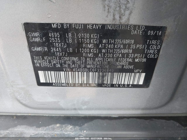 2015 Subaru Outback 2.5i Limited მანქანა იყიდება აუქციონზე, vin: 4S4BSBLC6F3236840, აუქციონის ნომერი: 44492193