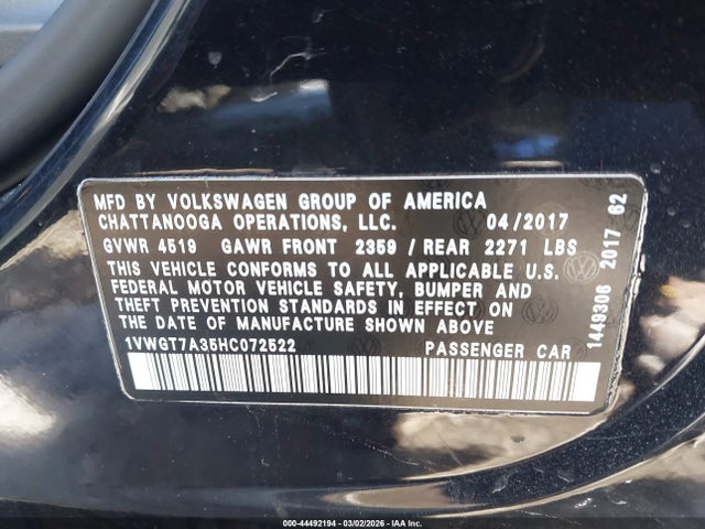 Продажа на аукционе авто 2017 Volkswagen Passat 1.8t Se, vin: 1VWGT7A35HC072522, номер лота: 44492194