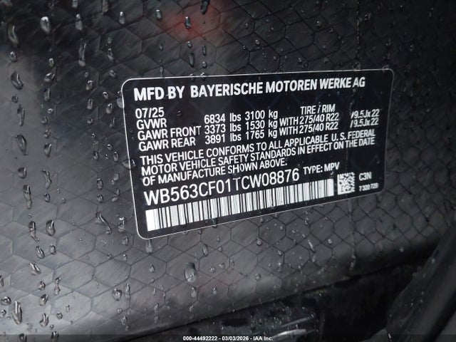 44492222 :رقم المزاد ، WB563CF01TCW08876 vin ، 2026 Bmw Ix M70 مزاد بيع