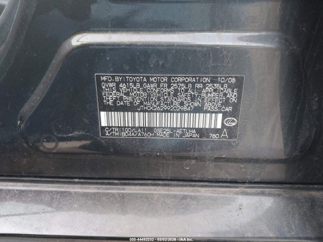 44492232 :رقم المزاد ، JTHCK262992029847 vin ، 2009 Lexus Is 250 مزاد بيع