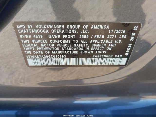 2016 Volkswagen Passat 1.8t S მანქანა იყიდება აუქციონზე, vin: 1VWAS7A39GC010693, აუქციონის ნომერი: 44492251