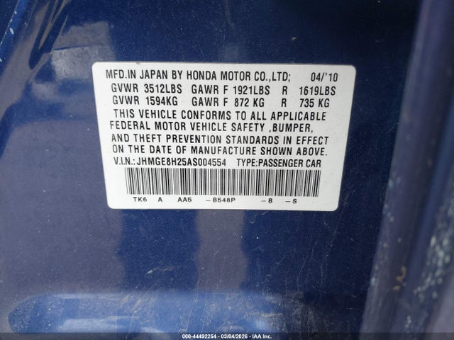 44492254 :رقم المزاد ، JHMGE8H25AS004554 vin ، 2010 Honda Fit مزاد بيع