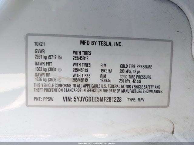 5YJYGDEE5MF281228 Tesla Model Y Long Range Dual Motor All-wheel Drive