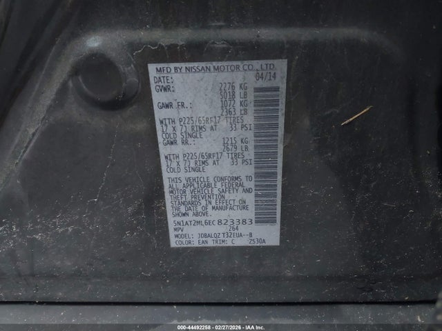 44492258 :رقم المزاد ، 5N1AT2ML6EC823383 vin ، 2014 Nissan Rogue Sv مزاد بيع