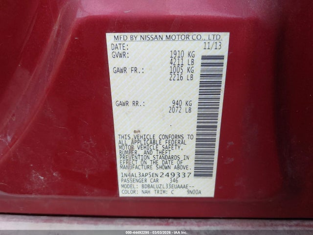 Aukcja sprzedaży 2014 Nissan Altima 2.5 Sv, vin: 1N4AL3AP5EN249337, numer aukcji: 44492295