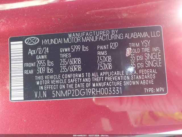 44492301 :رقم المزاد ، 5NMP2DG19RH003331 vin ، 2024 Hyundai Santa Fe Hybrid Sel مزاد بيع