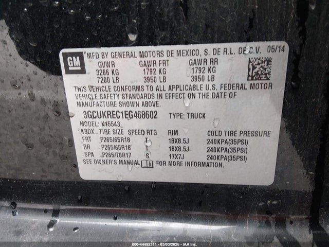 2014 Chevrolet Silverado 1500 1lt მანქანა იყიდება აუქციონზე, vin: 3GCUKREC1EG468602, აუქციონის ნომერი: 44492311