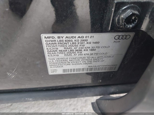 Aukcja sprzedaży 2021 Audi Q7 Premium 45 Tfsi Quattro Tiptronic, vin: WA1AJAF7XMD029395, numer aukcji: 44492316