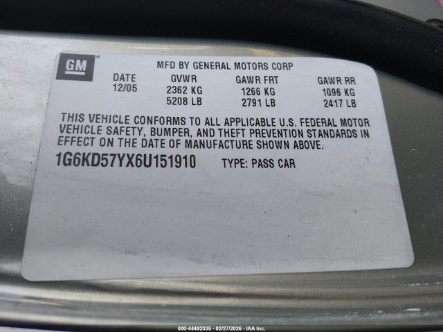 44492335 :رقم المزاد ، 1G6KD57YX6U151910 vin ، 2006 Cadillac Dts Standard مزاد بيع