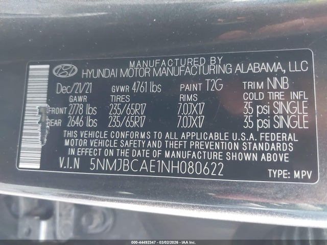 44492347 :رقم المزاد ، 5NMJBCAE1NH080622 vin ، 2022 Hyundai Tucson Sel مزاد بيع