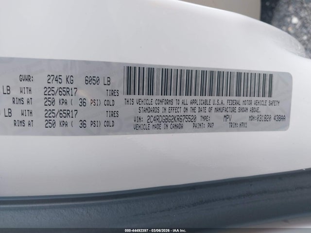 44492397 :رقم المزاد ، 2C4RDGBG2KR675520 vin ، 2019 Dodge Grand Caravan Se مزاد بيع