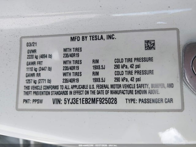 Продаж на аукціоні авто 2021 Tesla Model 3 Long Range Dual Motor All-wheel Drive, vin: 5YJ3E1EB2MF925028, номер лоту: 44492398