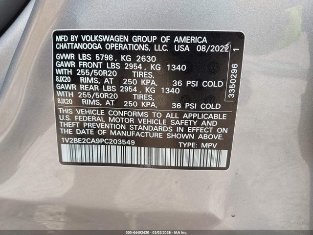 44492420 :رقم المزاد ، 1V2BE2CA9PC203549 vin ، 2023 Volkswagen Atlas Cross Sport 3.6l V6 Sel مزاد بيع