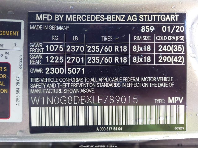 44492443 :رقم المزاد ، W1N0G8DBXLF789015 vin ، 2020 Mercedes-benz Glc 300 مزاد بيع
