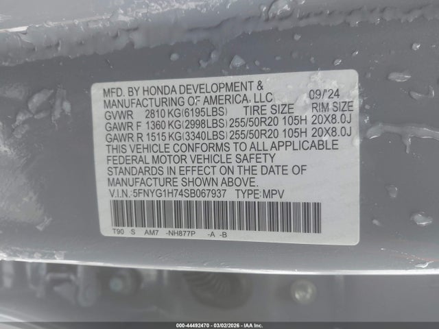 Aukcja sprzedaży 2025 Honda Pilot Touring, vin: 5FNYG1H74SB067937, numer aukcji: 44492470