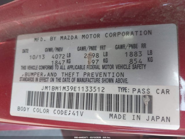 44492471 :رقم المزاد ، JM1BM1M39E1133512 vin ، 2014 Mazda Mazda3 مزاد بيع
