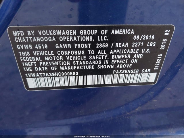 1VWAT7A39HC000583 Volkswagen Passat 1.8t S