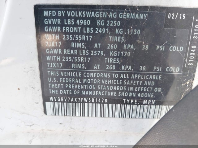 WVGBV7AX7FW581478 Volkswagen TIGUAN SE