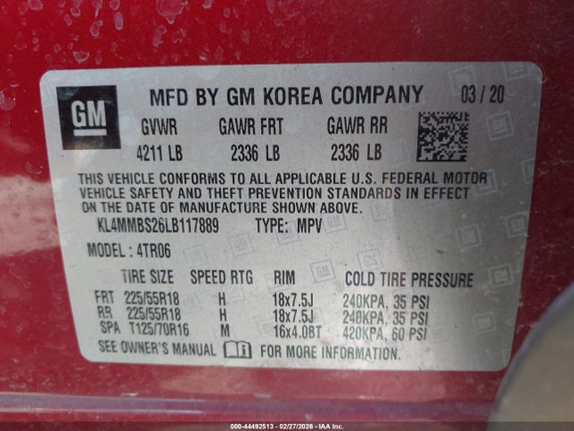 44492513 :رقم المزاد ، KL4MMBS26LB117889 vin ، 2020 Buick Encore Gx Fwd Preferred مزاد بيع