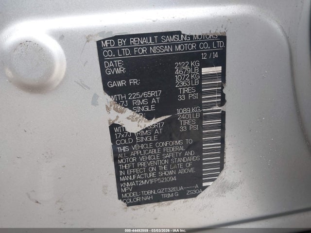 Nissan ROGUE SV 2015 KNMAT2MV1FP521094 Image 9