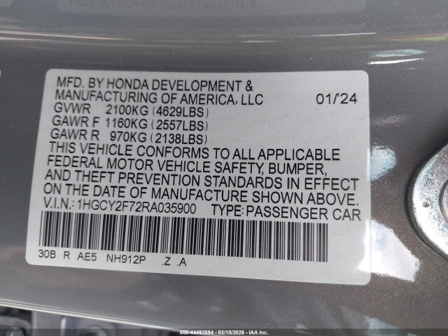 44492594 :رقم المزاد ، 1HGCY2F72RA035900 vin ، 2024 Honda Accord Hybrid Sport-l مزاد بيع