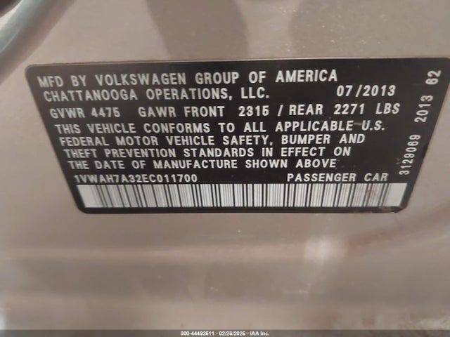 Продажа на аукционе авто 2014 Volkswagen Passat 2.5l Wolfsburg Edition, vin: 1VWAH7A32EC011700, номер лота: 44492611
