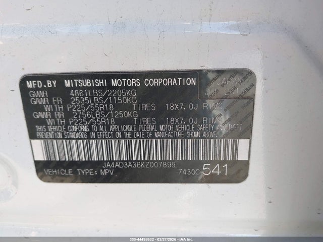Продажа на аукционе авто 2019 Mitsubishi Outlander Se, vin: JA4AD3A36KZ007899, номер лота: 44492622