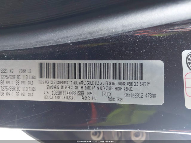 Продаж на аукціоні авто 2019 Ram 1500 Big Horn/lone Star  4x4 5'7 Box, vin: 1C6SRFFT4KN681599, номер лоту: 44492664