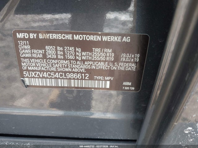 44492722 :رقم المزاد ، 5UXZV4C54CL986612 vin ، 2012 Bmw X5 Xdrive35i/xdrive35i Premium/xdrive35i Sport Activity مزاد بيع