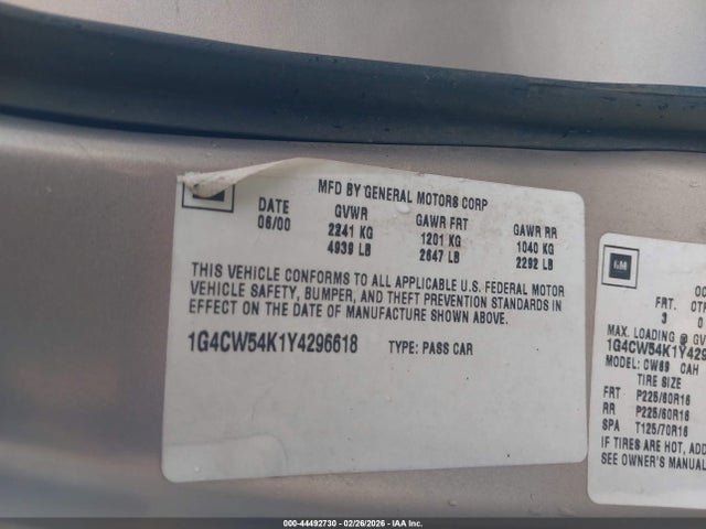 Продажа на аукционе авто 2000 Buick Park Avenue, vin: 1G4CW54K1Y4296618, номер лота: 44492730
