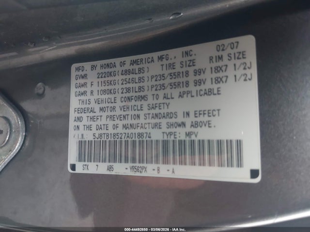 44492850 :رقم المزاد ، 5J8TB18527A018874 vin ، 2007 Acura Rdx مزاد بيع