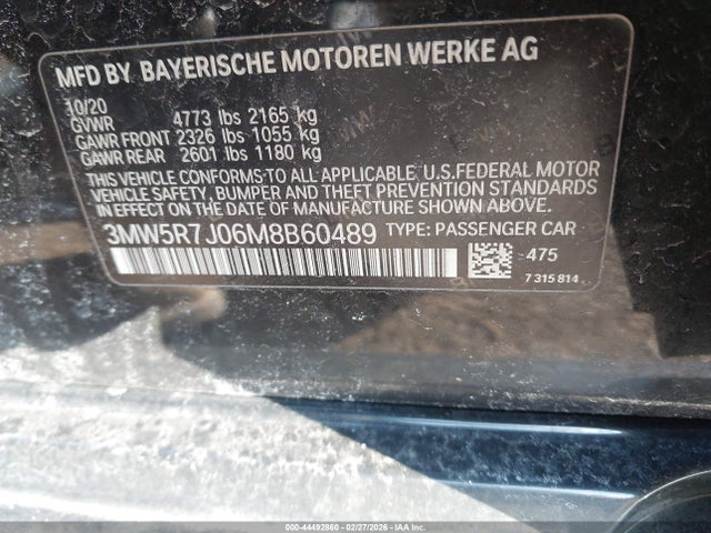 44492860 :رقم المزاد ، 3MW5R7J06M8B60489 vin ، 2021 Bmw 330i Xdrive مزاد بيع