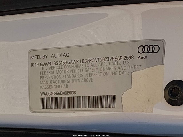 Aukcja sprzedaży 2019 Audi S5 3.0t Premium, vin: WAUC4CF56KA089038, numer aukcji: 44492863