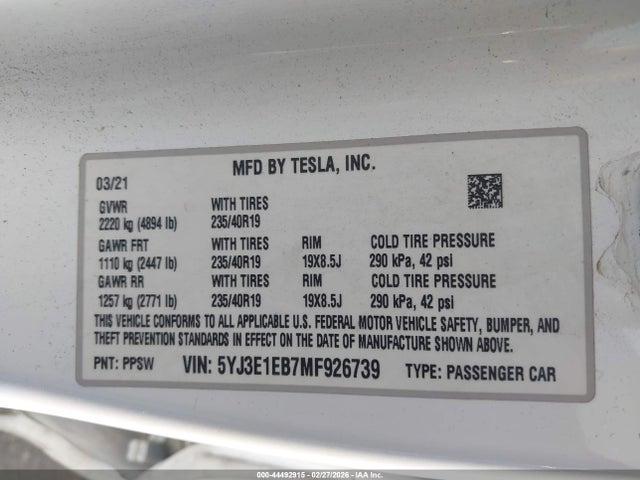 Продажа на аукционе авто 2021 Tesla Model 3 Long Range Dual Motor All-wheel Drive, vin: 5YJ3E1EB7MF926739, номер лота: 44492915