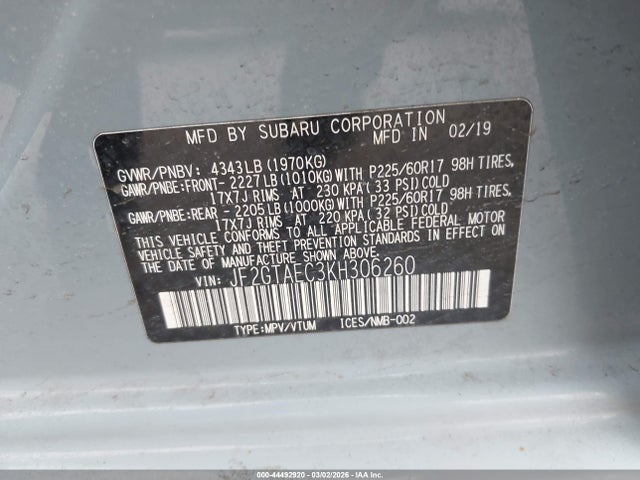 2019 Subaru Crosstrek 2.0i Premium მანქანა იყიდება აუქციონზე, vin: JF2GTAEC3KH306260, აუქციონის ნომერი: 44492920