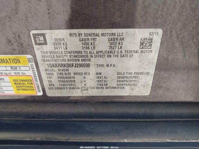 1GKKRRKD6FJ296698 GMC Acadia Slt-1