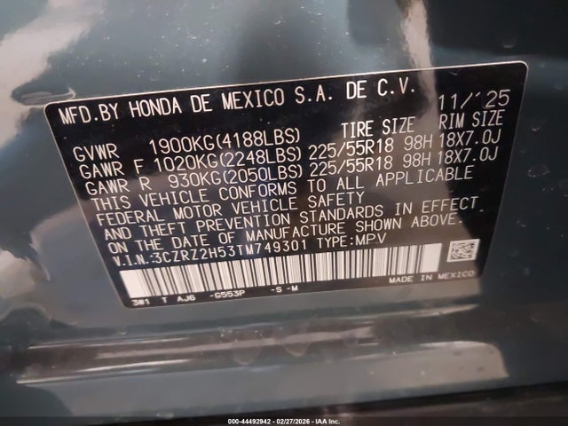 44492942 :رقم المزاد ، 3CZRZ2H53TM749301 vin ، 2026 Honda Hr-v Awd Sport مزاد بيع