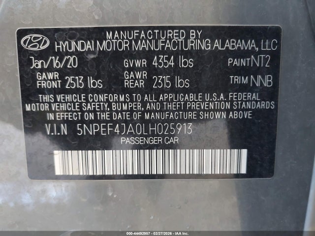 5NPEF4JA0LH025913 Hyundai SONATA SEL