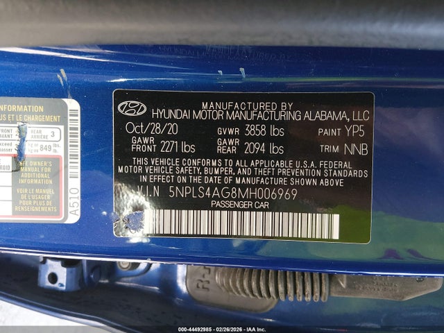 Aukcja sprzedaży 2021 Hyundai Elantra Sel, vin: 5NPLS4AG8MH006969, numer aukcji: 44492985