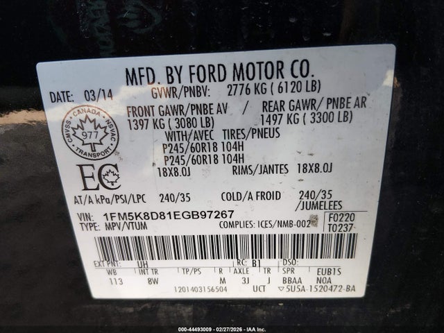 Aukcja sprzedaży 2014 Ford Explorer Xlt, vin: 1FM5K8D81EGB97267, numer aukcji: 44493009