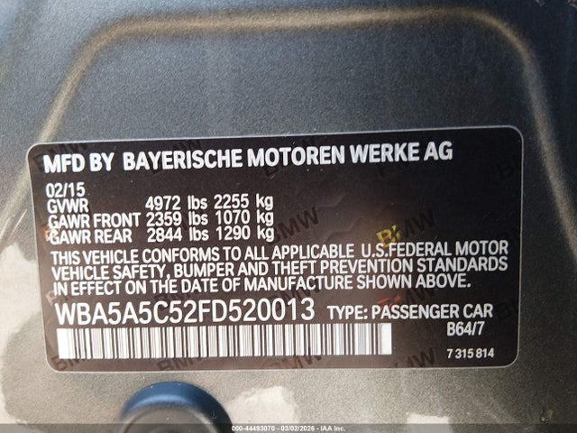 44493070 :رقم المزاد ، WBA5A5C52FD520013 vin ، 2015 Bmw 528i مزاد بيع