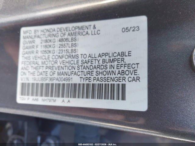 Aukcja sprzedaży 2023 Acura Tlx Standard, vin: 19UUB5F36PA004991, numer aukcji: 44493102
