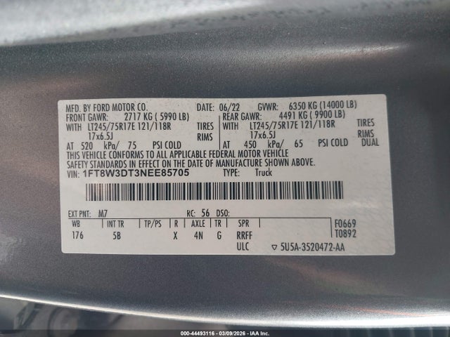 Продажа на аукционе авто 2022 Ford F-350 Lariat, vin: 1FT8W3DT3NEE85705, номер лота: 44493116